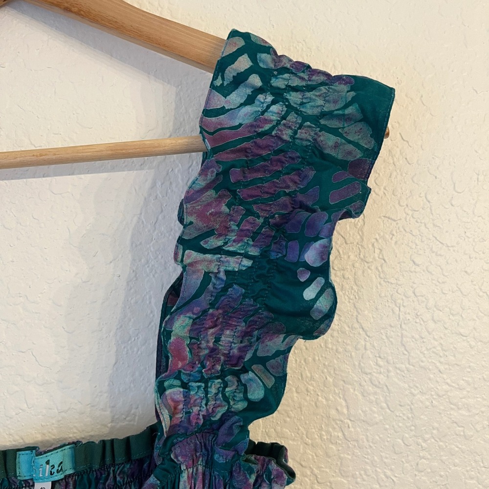 Sika Traci Smocked Maxi Dress 6 Leaf Print Tropical Resort Vacation Cotton Teal - Picture 16 of 16